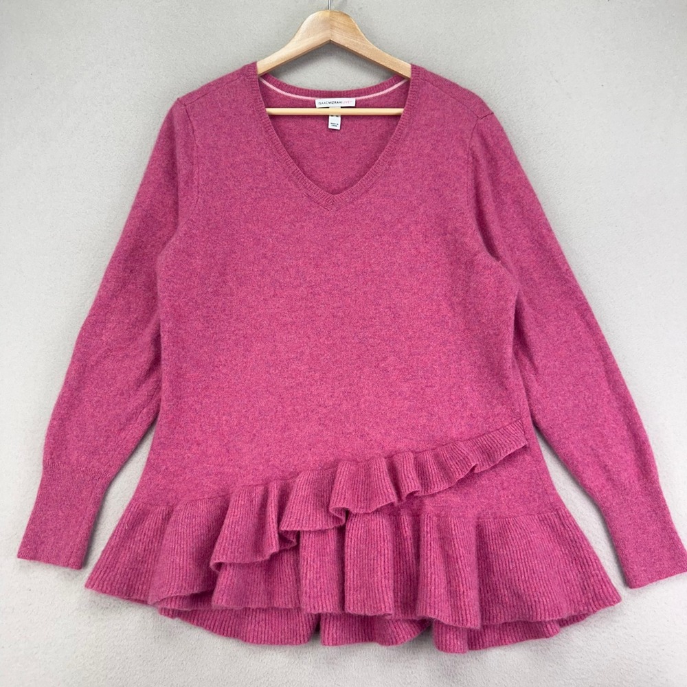 Isaac Mizrahi Sweater Womens XL Pink 100% Cashmere Ruffle Soft Cozy Long Sleeve